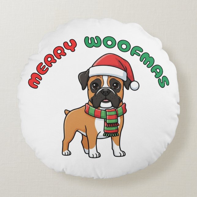 Julboxerrundan Pillow: Merry Woofmas Rund Kudde (Framsidan)