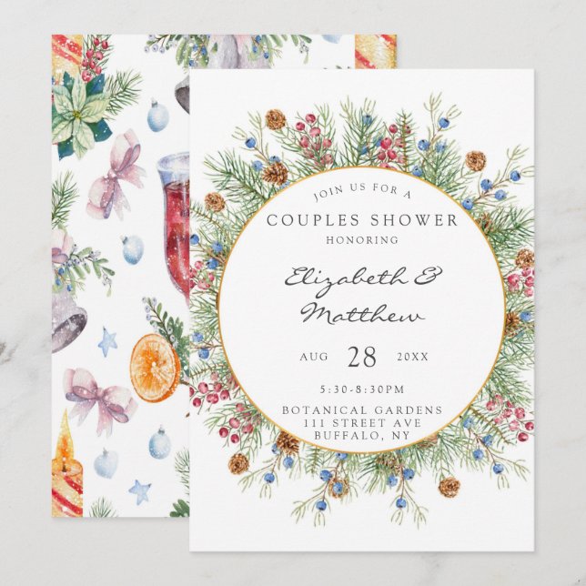 Julbrand Guld Par Shower Inbjudningar (Fram/baksida)