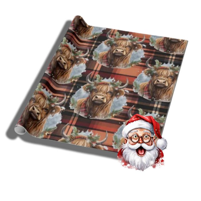 Julbränd orange Tartan Highlander Cow Presentpapper (Merry Christmas)