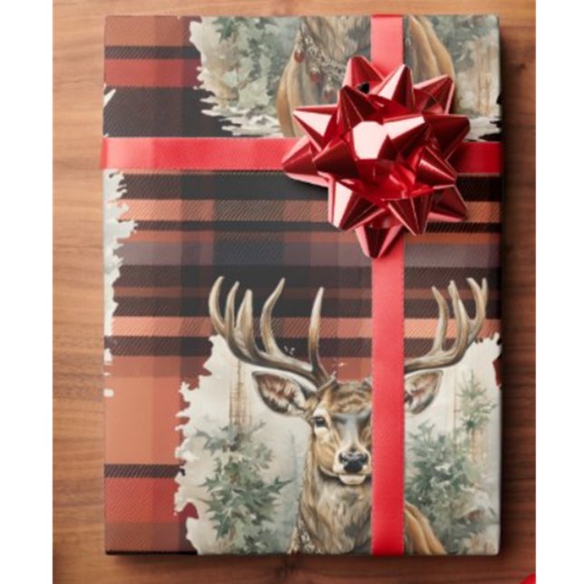 Julbränd orange Tartan Reindeer Presentpapper (Christmas Scottish reindeer paper)