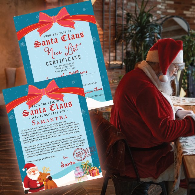 Julbrev från Tomte Snälla Listan Certifikat (Nice List Certificate Signed and Sealed by Santa Coquette Red Bow Christmas Letter from Santa)