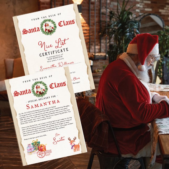 Julbrev från Tomte Snälla Listan Certifikat (Vintage Parchment Christmas Letter from Santa Kids Nice List Certificate Signed and Sealed by Santa)