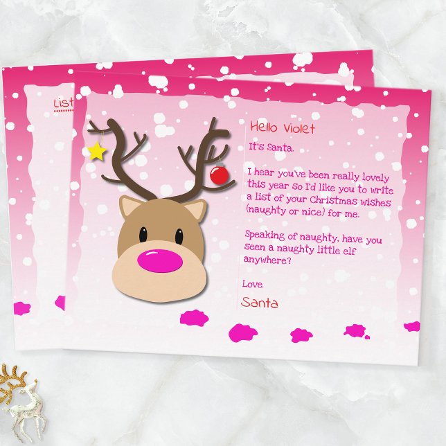 Julbrev, julklappslista, vykort för barn (Pink Reindeer & Elf Santa Postcard For Kids)