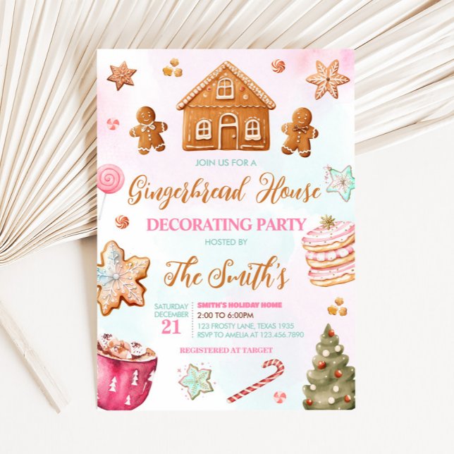 Julbrödrott Hus Decoration Party Inbjudningar (Pink Christmas Gingerbread House Decorating Party Invitation )