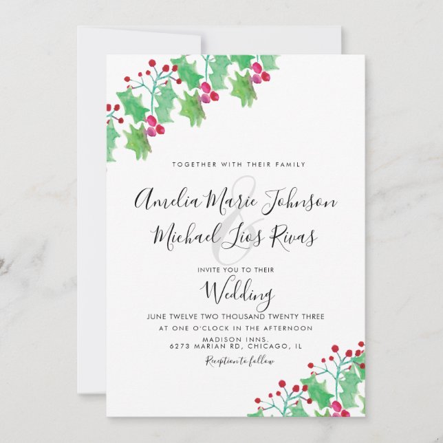 Julbröllop Elegant Skript Vattenfärg Bär Inbjudningar (Framsida)