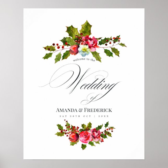Julbröllops Blommig Järnek Vattenfärg Välkommen Poster (Framsidan)