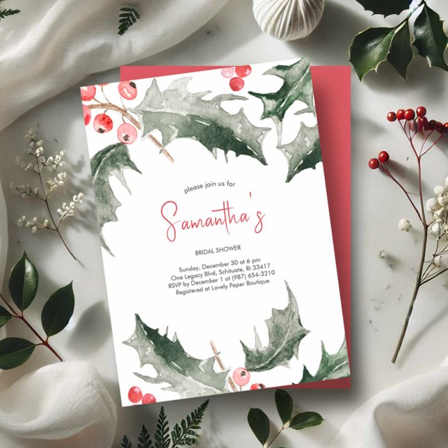 Julbröllopsdusch Vattenfärg Järnek Christmas Inbjudningar (Winter bridal shower invitations. Watercolor holly and berries in shades of red and green.)