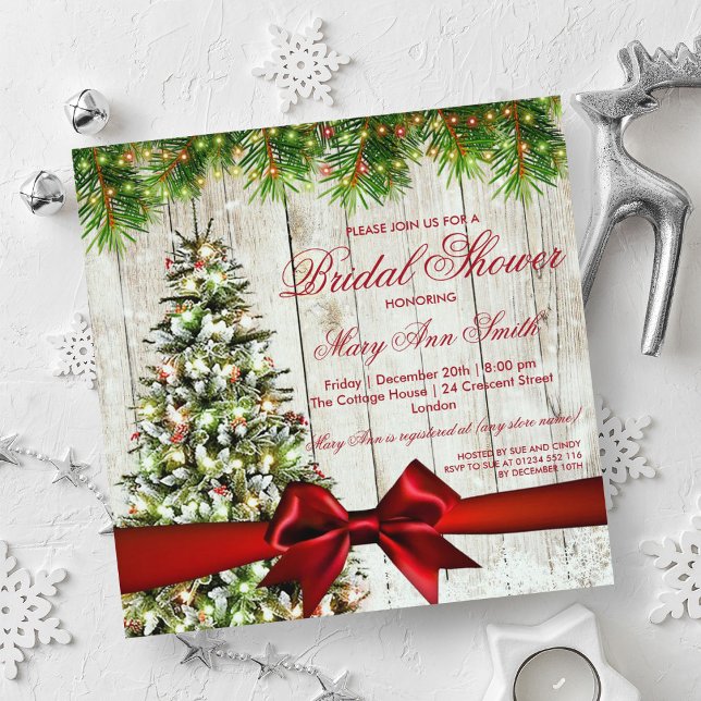 Julbröllopsduschträd, Ljus & Röd Slinga Inbjudningar (Christmas Bridal Shower Tree, Lights & Red Ribbon Invitation)