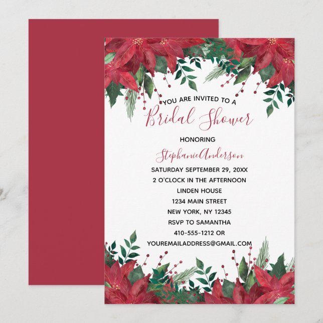 Julbröllopsfest Poinsettia Röd Vinter Inbjudan (Fram/baksida)