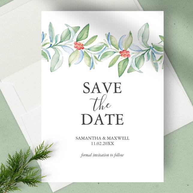 Julbröllopsinbjudan för att spara datum datumet (Christmas wedding save the date botanical berries & leaves watercolor art by Victoria Grigaliunas)