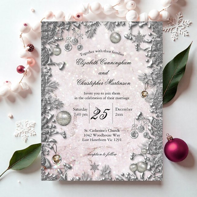 Julbröllopsinbjudan i Magic Silver under vintern Vykort (Magical Silver Winter Christmas Wedding Invitation Postcard by the Elegant Wedding)