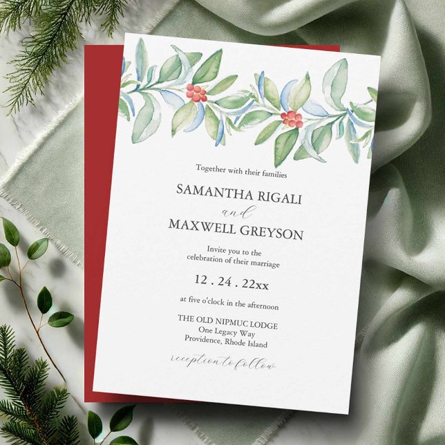 Julbröllopsinbjudan Vattenfärg Botanicals Inbjudningar (Watercolor wedding invitations featuring hand painted winter botanical art by Victoria Grigaliunas)