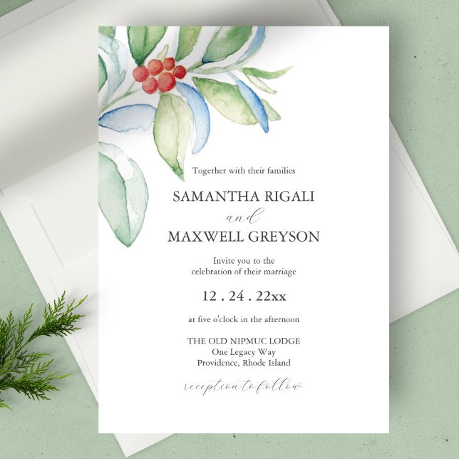 Julbröllopsinbjudan Vattenfärg Grönska Inbjudningar (Christmas wedding invitation botanical berries unique watercolor art by Victoria Grigaliunas)