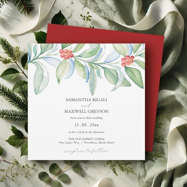 Julbröllopsinbjudan Watercolor Greenery Inbjudningar (Christmas wedding invitations elegant botanical watercolor art  Victoria Grigaliunas DoTellABelle)