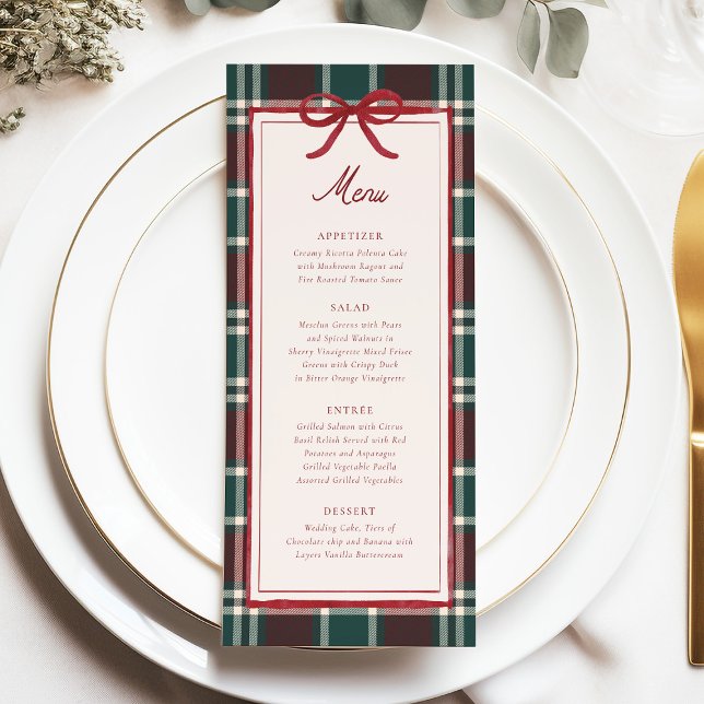 Julbröllopsmeny i Karomuster | Högtids-Tartan Meny (Burgundy green plaid Christmas wedding menu with red bow, elegant winter dinner design)