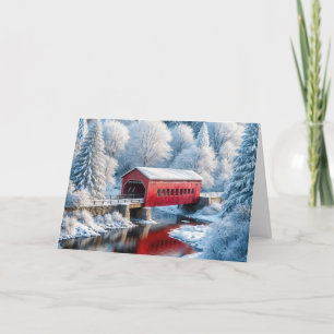Julbron med rött hölje i vinter-skogen helgkort