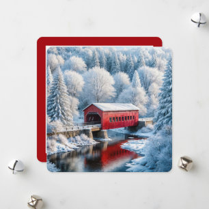 Julbron med rött hölje i vinter-skogen julkort