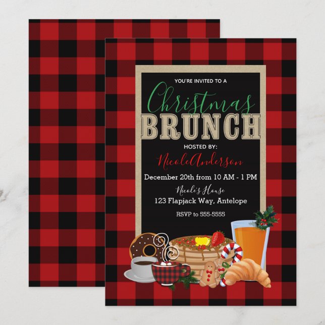 Julbrunch Rustik Röd Svart Buffelrutig Inbjudningar (Fram/baksida)
