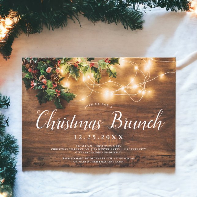 Julbrunn i Rustic wood brun land ljus Inbjudningar (Rustic wood brown country lights Christmas brunch Invitation)