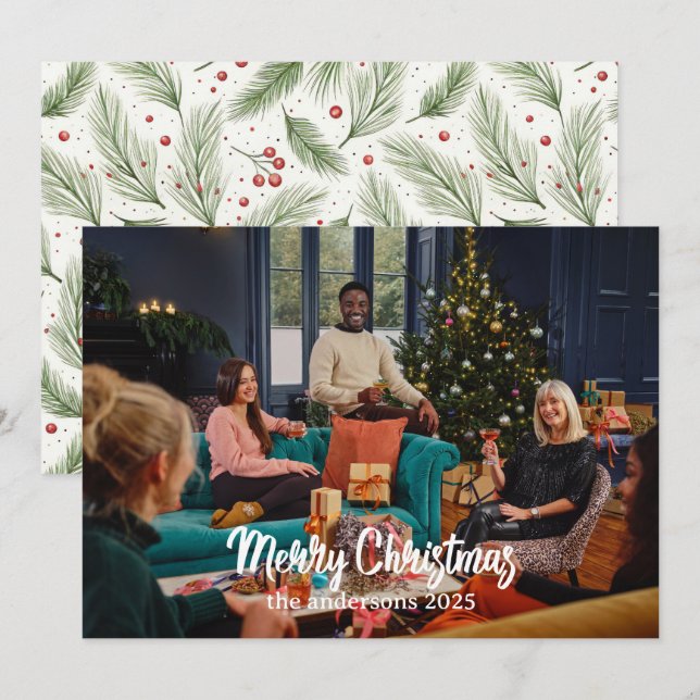 Julbrunt Blommigt Vattenfärg |God jul Julkort (Fram/baksida)