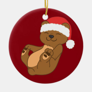 Julbruntbjörn med den röda Santa hatten Julgransprydnad Keramik