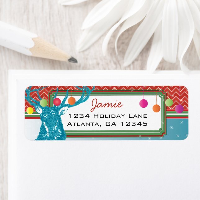 Julbuck Hjort Zig Zag Mönster Aqua och Red Returadress Etikett (Insitu)