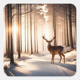 Julbuck i vinterskogen fyrkantigt klistermärke