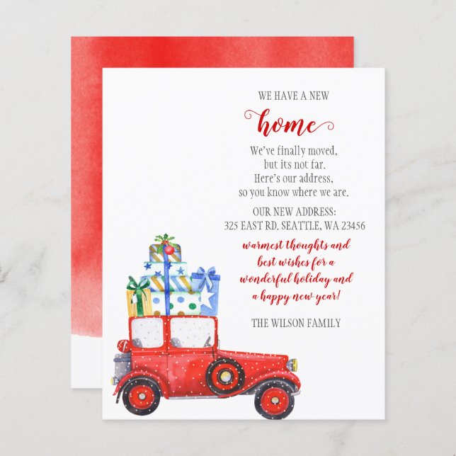 Julbudget Röd julbil Vi har flyttat Julkort (Fram/baksida)