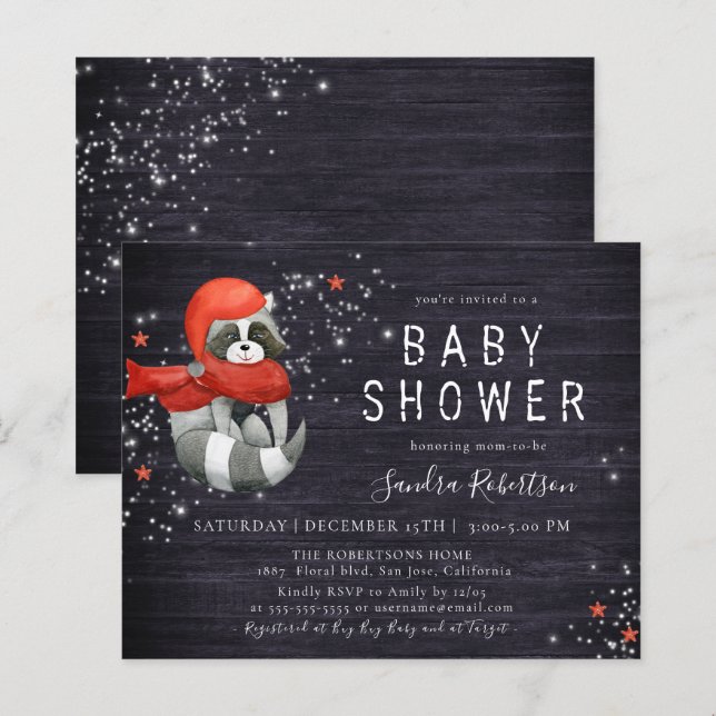 Julbudget Tvättbjörn Trä Glitter Bebis Shower (Fram/baksida)