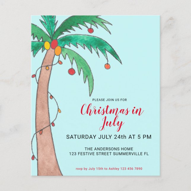 Julbudgetfest för jul i juli-palm-inbjudan (Framsida)