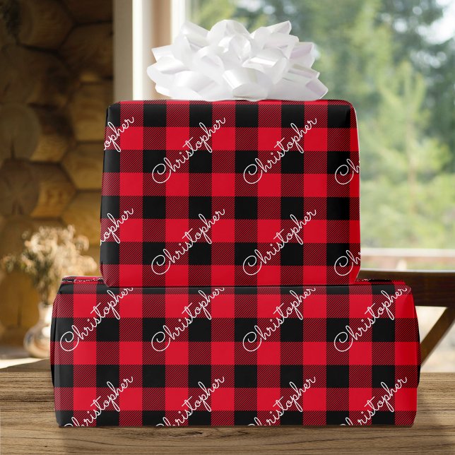 Julbuffalo-skräddarsytt namn Rustic Red Presentpapper (Skapare uppladdad)