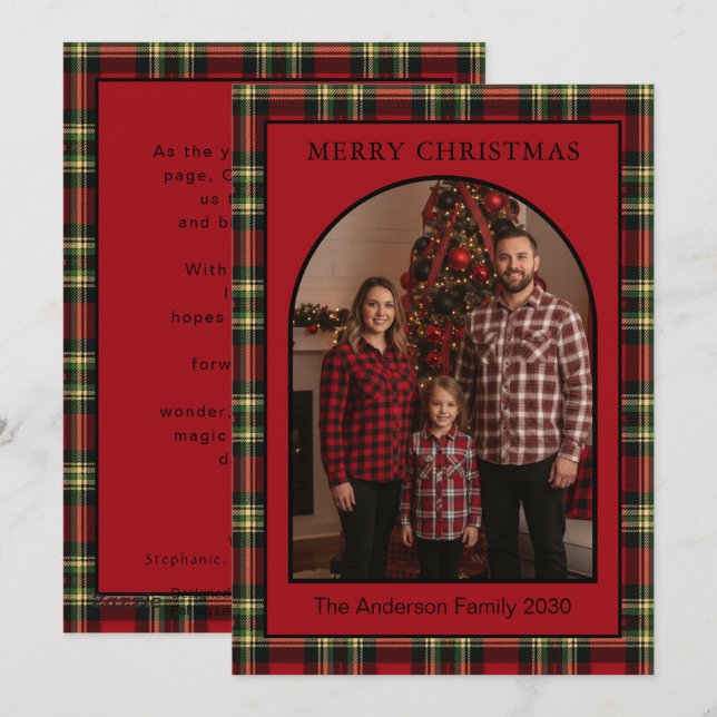 Julbuffel Röd Tartan Rutig Valv 1 Foto Julkort (Fram/baksida)