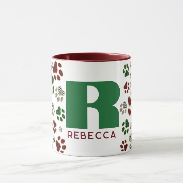Julbuffelrutig hundfotsmonogram kop mugg (Center)