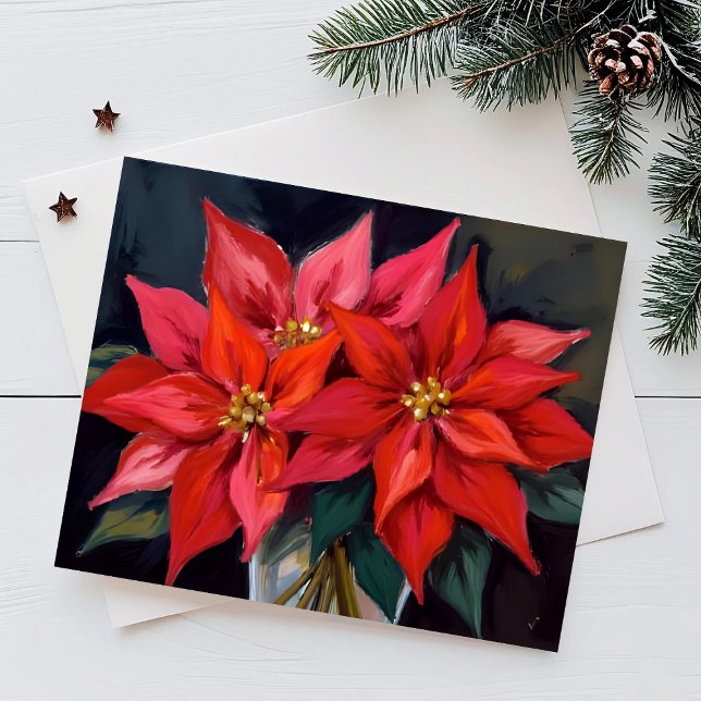 Julbukett med röda julstjärnor i akvarell helg vykort (Skapare uppladdad)