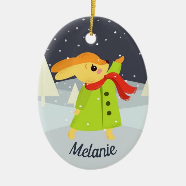 Julbunny Catching Snöflingor Cute Julgransprydnad Keramik (Framsidan)