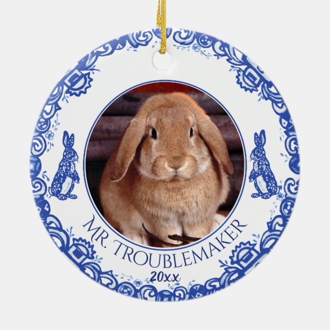 Julbunny Rabbit Pet Photo Date Blue Willow Julgransprydnad Keramik (Baksidan)