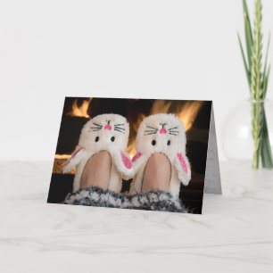 Julbunny tofflor vid brand helgkort