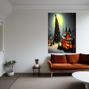 Julbyn på natten AI Art Poster