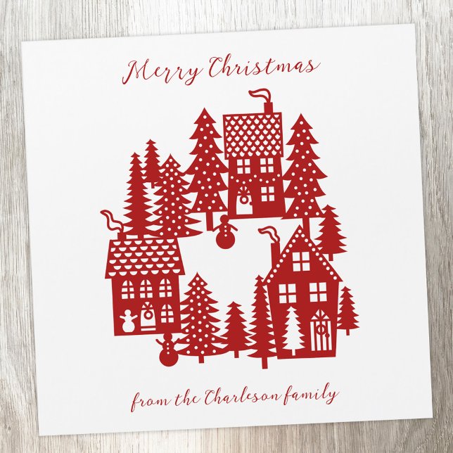 Julbyn Red and White (Personalized Christmas Village red and white card)