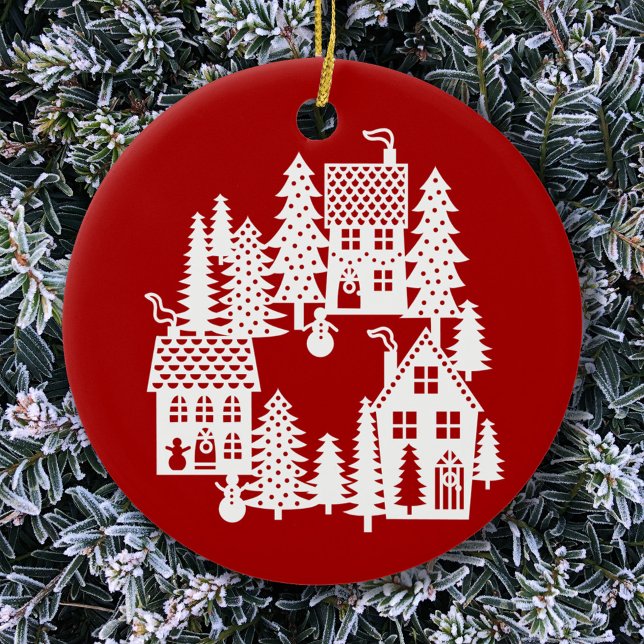 Julbyn Red and White Julgransprydnad Keramik (Red and white Christmas Village ceramic ornament)