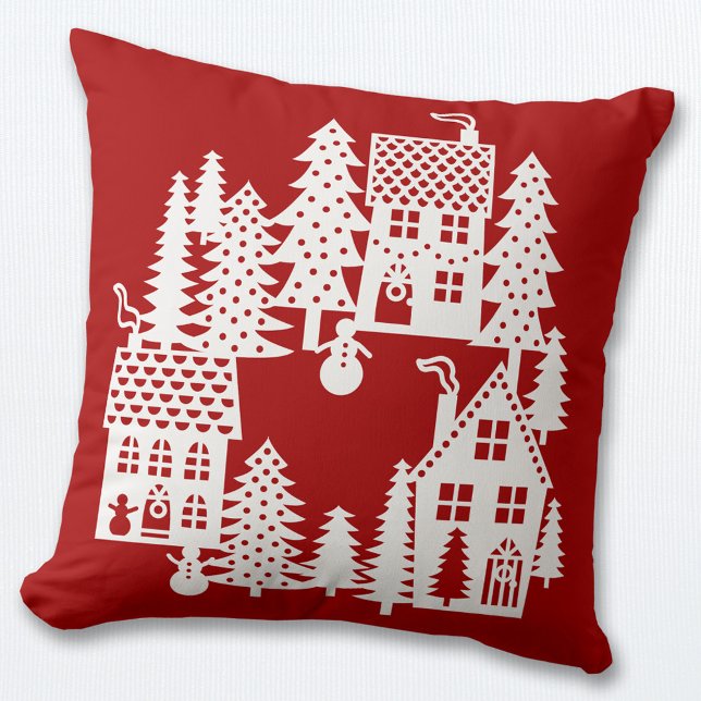 Julbyn Red and White Kudde (Christmas snowy village scene red and white pillow)