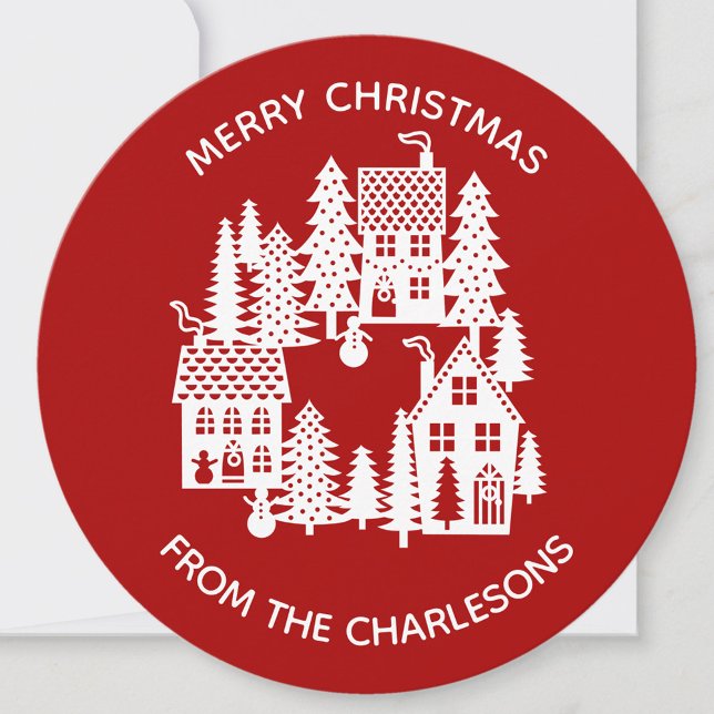 Julbyn Red and White Personlig Julkort (Christmas Village personalized holiday card)
