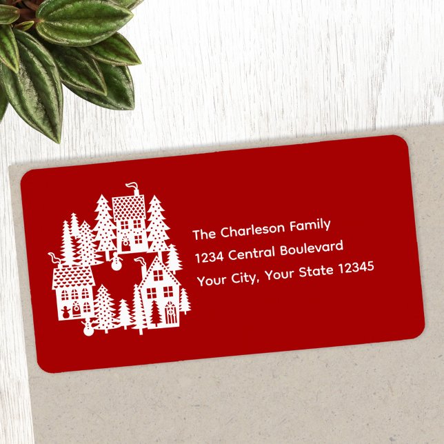 Julbyn Red and White Returadress Adressetikett (Festive red and white Christmas Village personalized return address labels)