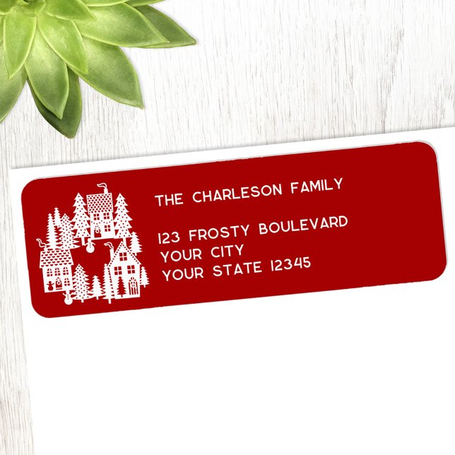Julbyn Red and White Returadress Returadress Etikett (Christmas Village red and white personalized custom text return address label for the winter Holiday)