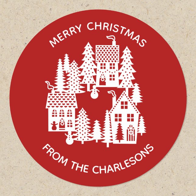 Julbyn Red and White Runt Klistermärke (Red and white festive Christmas Village papercut scene personalized sticker)
