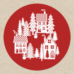 Julbyn Red and White Runt Klistermärke<br><div class="desc">En liten julby i snö. Originalkonst av Nic Squirrell.</div>