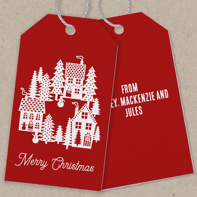 Julbyn Red White Presentetikett (Red and white personalized Christmas Village gift tags)