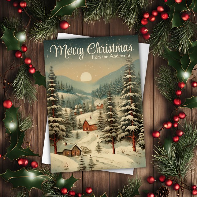 Julbyn Rustic Land Snö med tak Helgkort (Rustic Country Snow Capped Christmas Village Holiday Card)