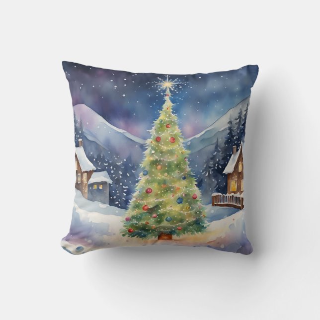 Julbyn Snowy Helgdag Träd Ljus Kudde (Framsida)