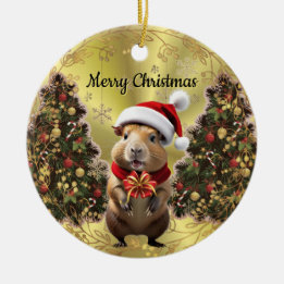 Julcapybara flankerad av julgranar julgransprydnad keramik